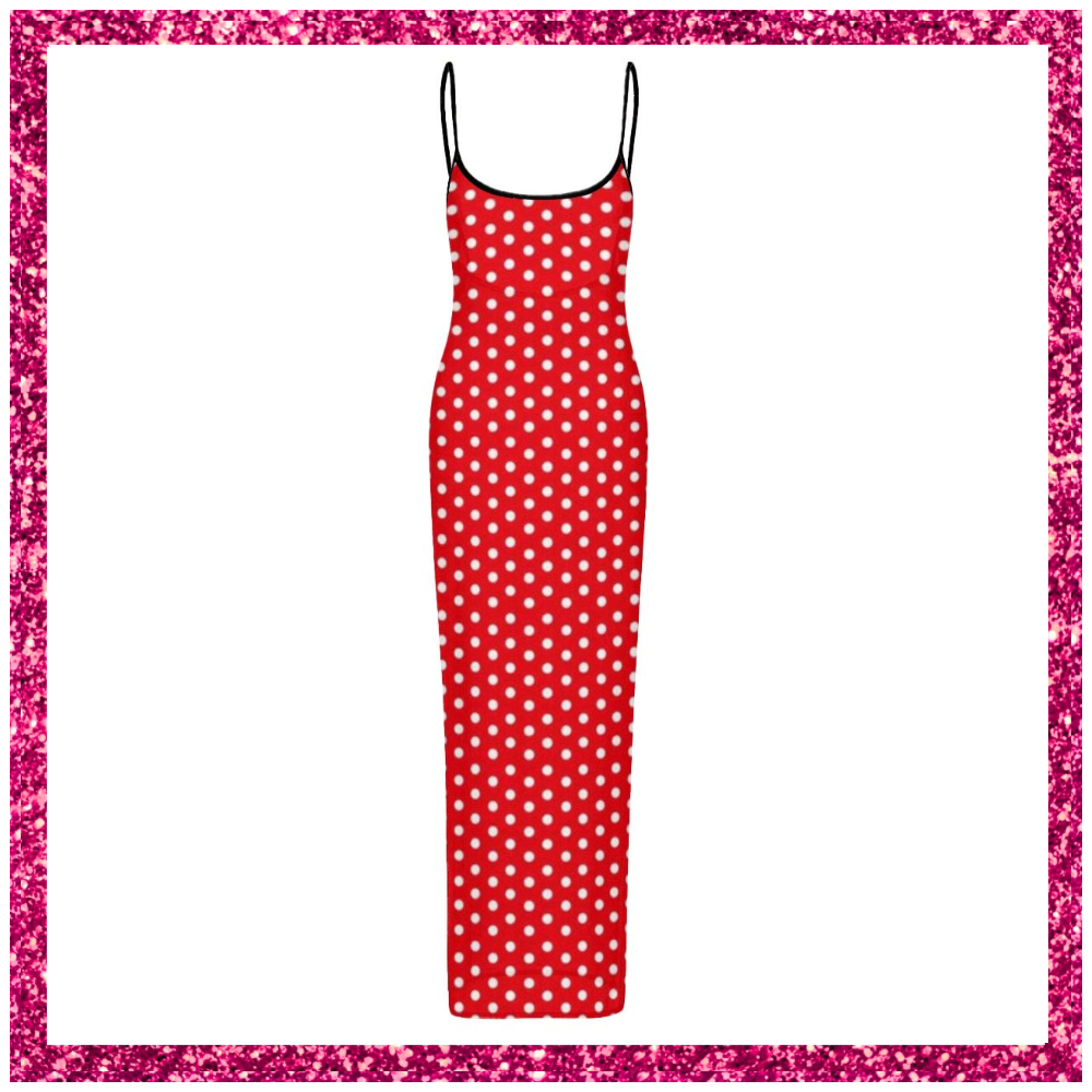 Women's Sheer Mesh Backless Spaghetti Strap Maxi Dress red w/ white polka dots