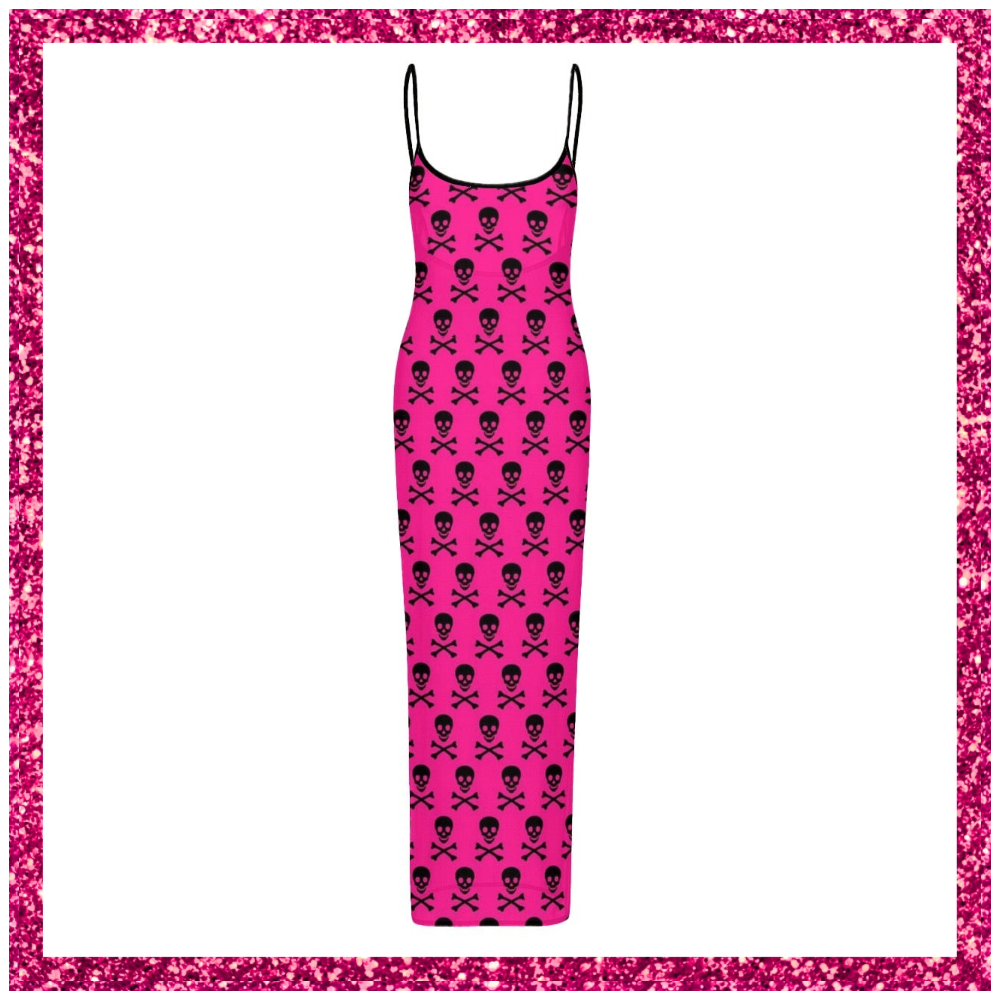 Women's Sheer Mesh Backless Spaghetti Strap Maxi Dress hot pink w/ black skulls