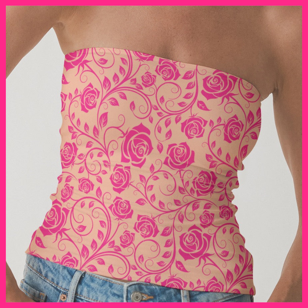 Women's Double-Layer Strapless Top pink rose lace
