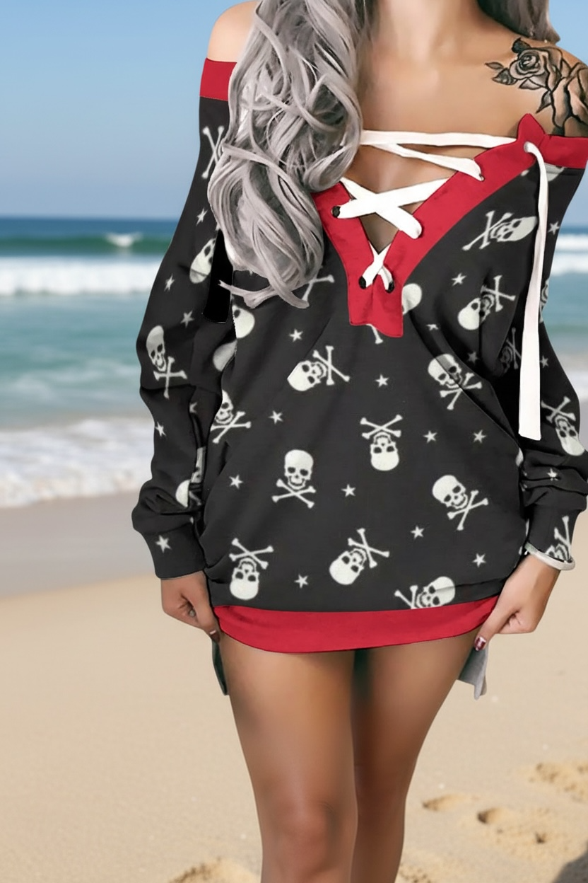 Women's Lace-Up Sweatshirt black red white skulls