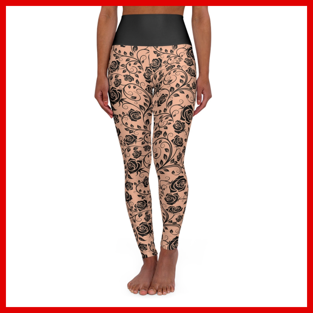 Floral Vine High-Waisted Yoga Leggings — Black Rose All-Over Print