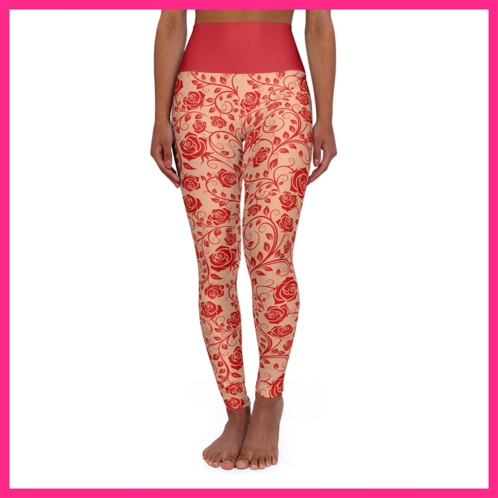 Floral Vine High-Waist Yoga Leggings — Red Rose All-Over Print