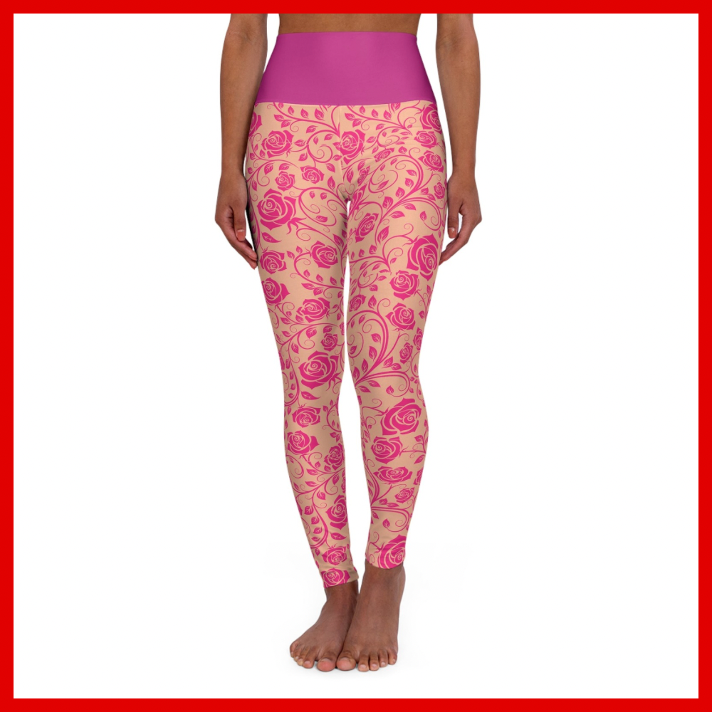 Pink Floral High-Waist Yoga Leggings — Rose Vine Pattern AOP