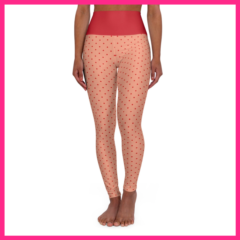 High-Waisted Peach Polka Dot Yoga Leggings — Red Waistband, All-Over Print