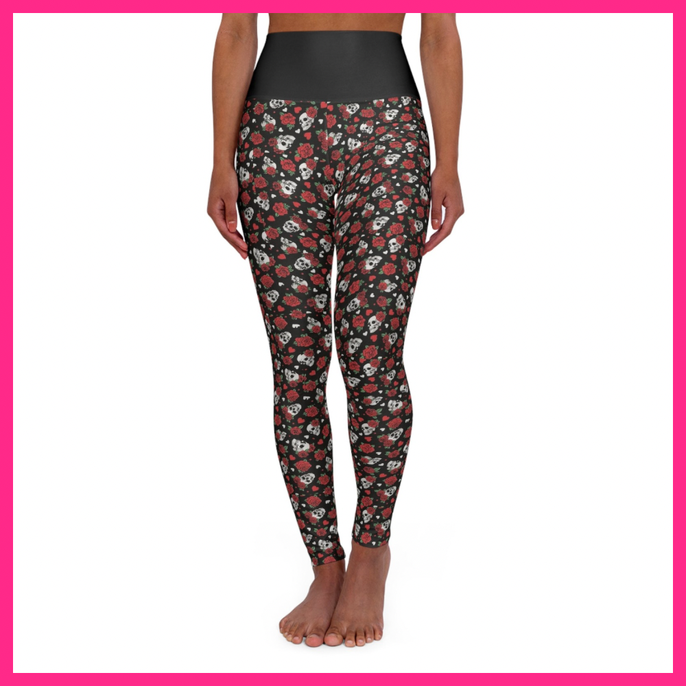 High-Waist Floral Skull Yoga Leggings – Red Rose Day of the Dead Pattern