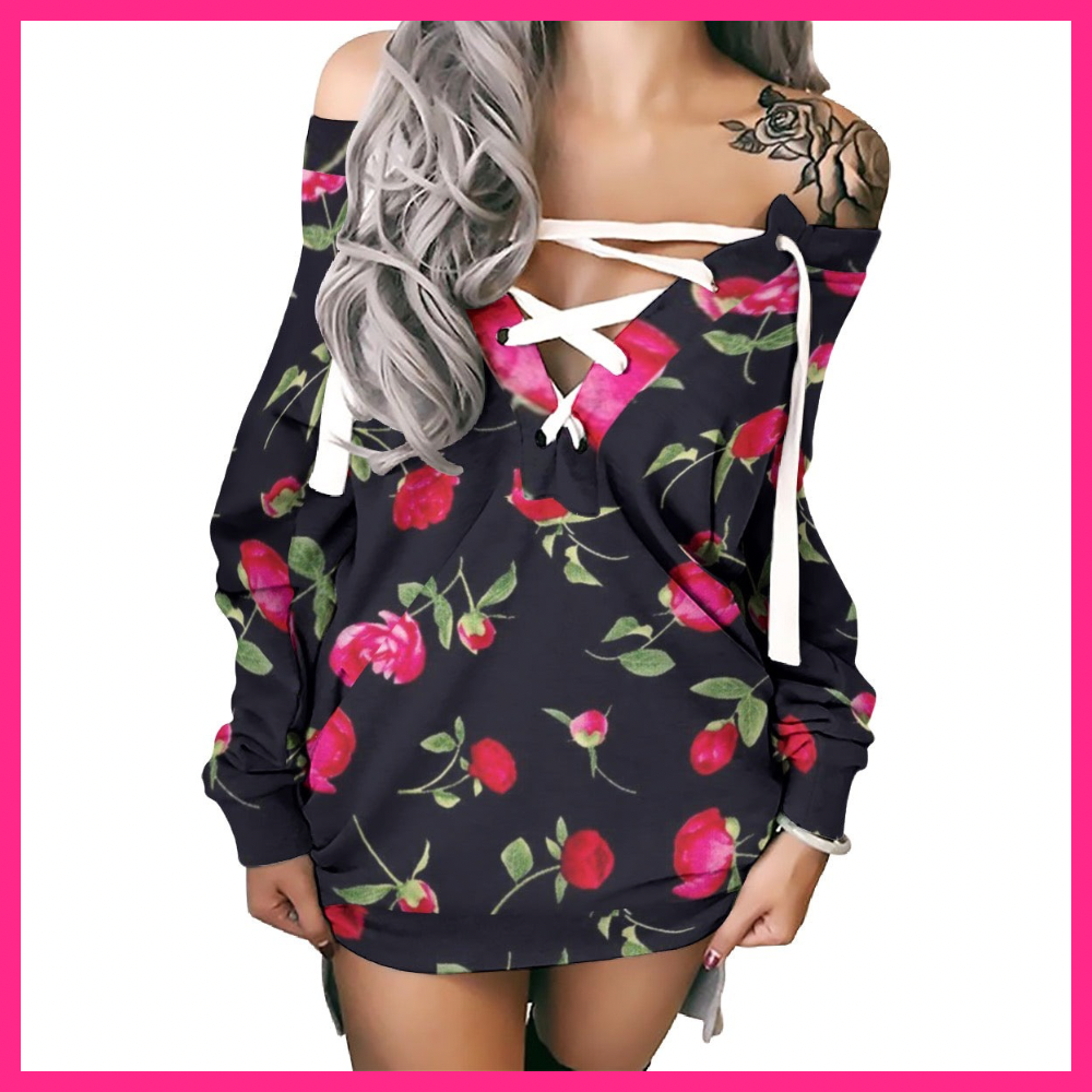 Women's Lace-Up Sweatshirt red roses