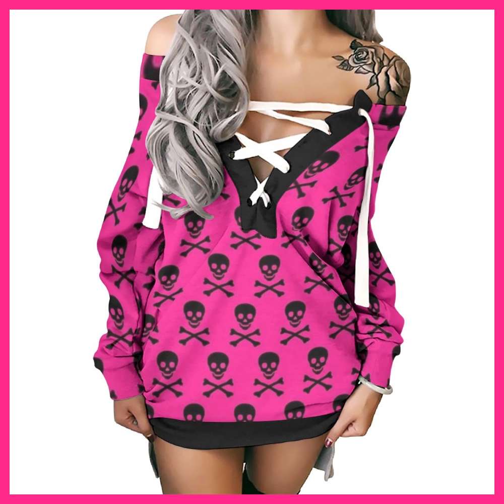 Women's Lace-Up Sweatshirt hot pink skulls