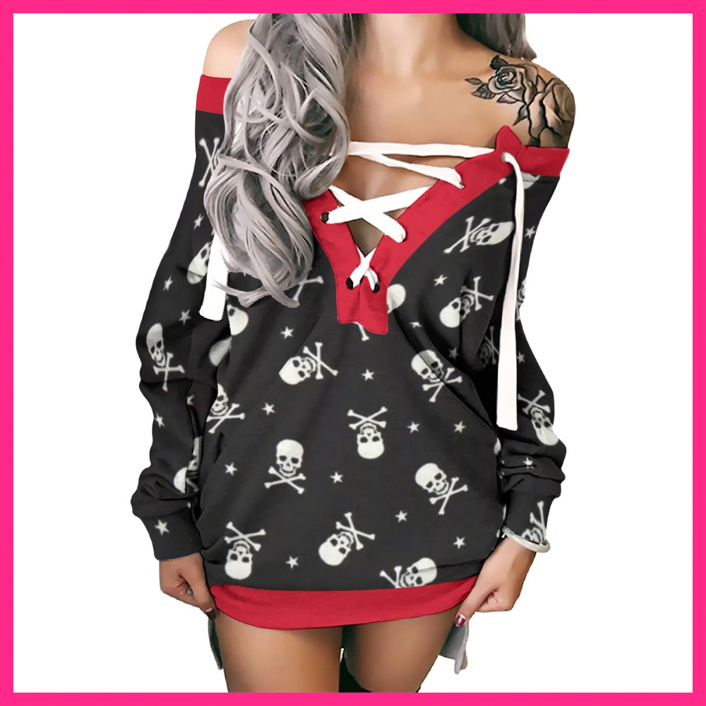 Women's Lace-Up Sweatshirt black red white skulls